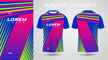 blue pink green shirt soccer football sport jersey template design mockup. Soccer jersey template for sportswear, football kit or soccer uniform. Soccer t-shirt mock up designのイラスト素材