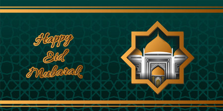 islamic background with green ornament and golden mosque vector designのイラスト素材