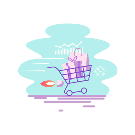 Shopping cart with shopping bags. Vector illustration in flat style.のイラスト素材
