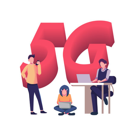 Vector illustration of 5g internet a man with a laptop at the table another with a briefcaseのイラスト素材