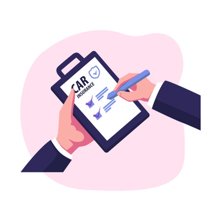 Car insurance coverage concept. Driver and paper document for insured auto vehicle. Automobile protection, security, safety set. Flat graphic vector illustrations isolated on white backgroundのイラスト素材