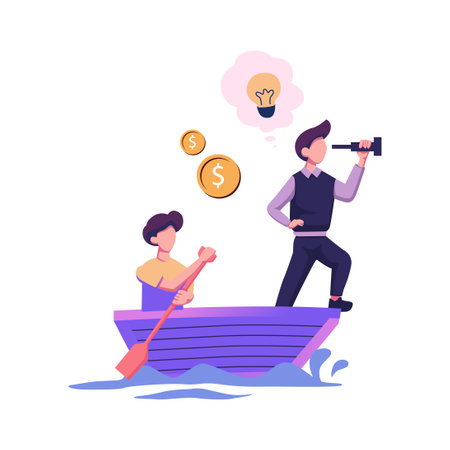 Business leader searching for new horizons, opportunities, leading boat team to goal. Leadership, strategy, vision, mission concept. Flat graphic vector illustration isolated on white backgroundのイラスト素材