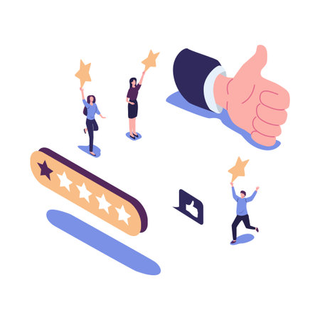 illustration of a vote, measurement of customer satisfaction and star rating, satisfactory rating, hand shows a class signのイラスト素材
