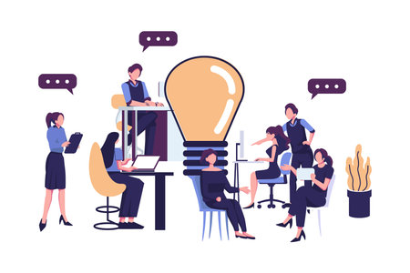 people working together at the office, brainstorming concept flat style illustration vector designのイラスト素材