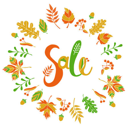 Autumn composition of leaves and stylized font for the autumn sale.のイラスト素材