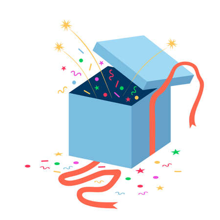 Open gift box with a pink ribbon, festive tinsel. Vector element for design.