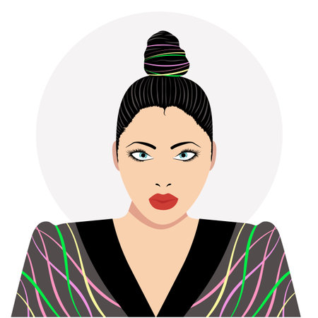 A beautiful lady with dark hair tied up in a bun. Vector illustration for a postcard or poster, print for clothes and accessories.のイラスト素材