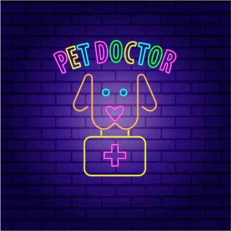 Vector illustration. Glowing neon sign for outdoor advertising pets doctor. Sign Colorful sign with neon lights isolated on a brick wall.のイラスト素材