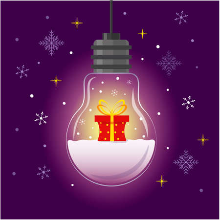 Christmas glowing lamp with a gift inside and falling snowflakes.のイラスト素材