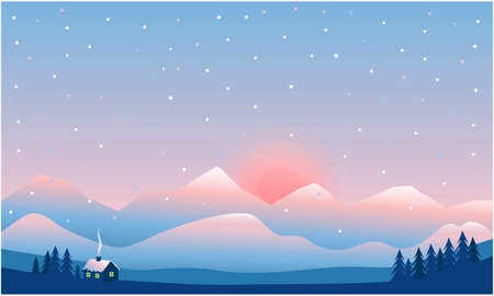 Vector illustration. Winter, mountain landscape with fir trees, a house at the foot of the mountains.のイラスト素材