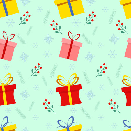 Seamless background with multi-colored gift boxes, snowflakes, coniferous branches, berries.