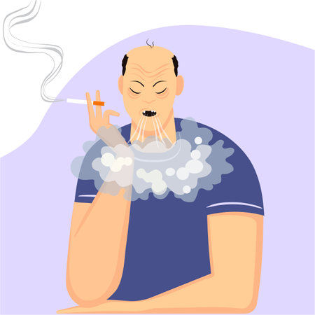 A smoking man leading an unhealthy lifestyle. A vector image that conveys a health problem associated with smoking.のイラスト素材