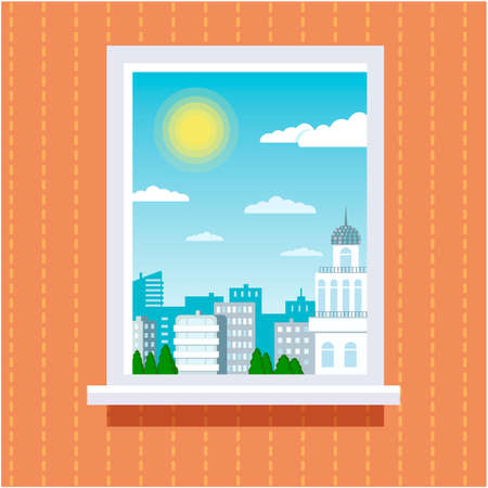 Window from the room overlooking a sunny day and cityscape with houses.のイラスト素材