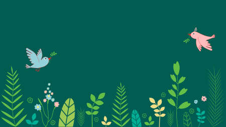 Vector background with plants, birds, flowers. You can place any of your text at the top of the composition. An illustration format suitable for animation.のイラスト素材