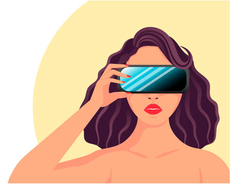 Vector illustration in a flat style. Beautiful dark-haired lady wearing virtual reality glasses.のイラスト素材