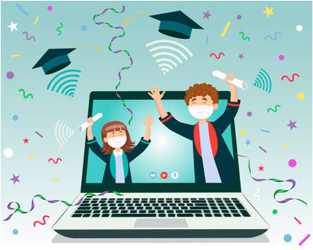Happy graduate students in academic clothing and protective masks are streaming online on a laptop.のイラスト素材
