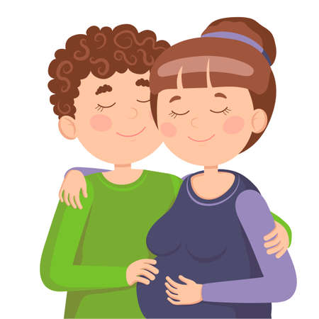 The husband hugs his wife tenderly. The wife is expecting a child. Vector illustration in a flat style. Suitable for web design, children's books, congratulations.のイラスト素材