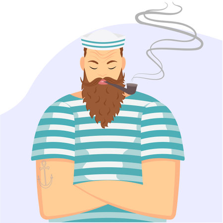 A sailor in a striped shirt smokes a pipe. Vector illustration in a flat style.のイラスト素材