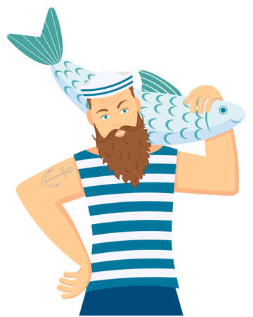 A sailor, a fisherman in a striped shirt, holds a large fish on his shoulder. Vector illustration in a flat style.のイラスト素材