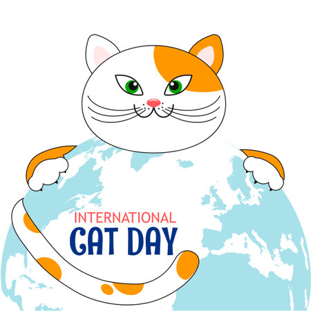 Vector design in flat style for International Cat Day on 8 August. The spotted cat embraces planet Earth, a symbol of the international cat festival.のイラスト素材