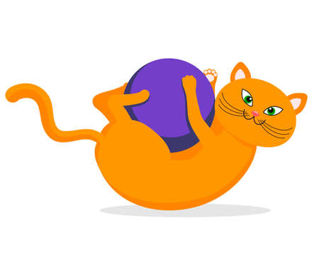 Vector illustration in a flat style of a ginger cat playing with a ball.のイラスト素材