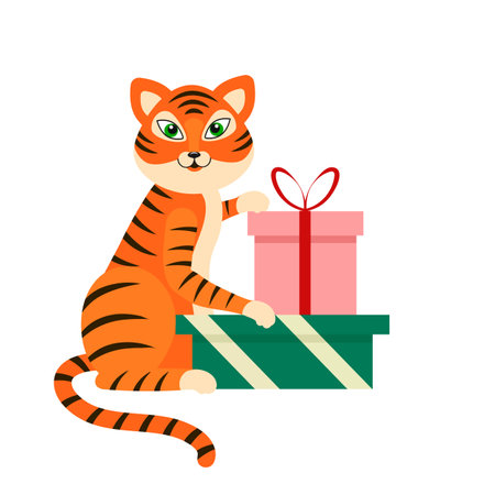 Vector illustration in flat style tiger cub with gift boxes. The symbol of 2022.のイラスト素材