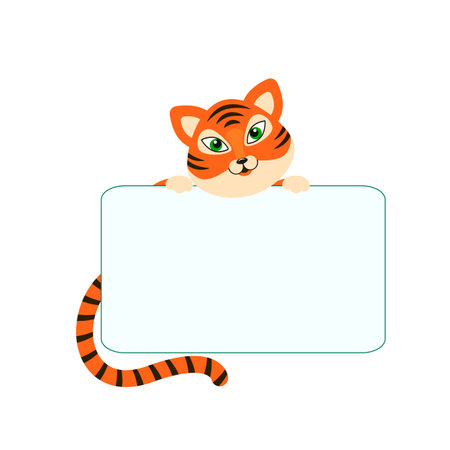 Vector illustration in flat style tiger cub with a blank sign where you can place your text.のイラスト素材