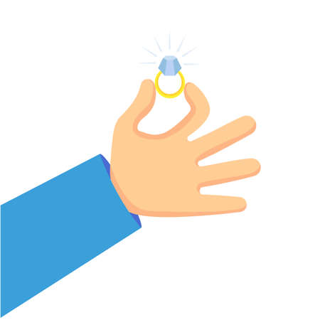 A man's hand holds a gold ring with a precious stone. Vector element in flat style.のイラスト素材