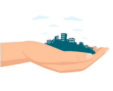 Hand holds the city in the palm of your hand. A symbol of urban life, architecture, rent, urban planning. Vector illustration in a flat style.のイラスト素材