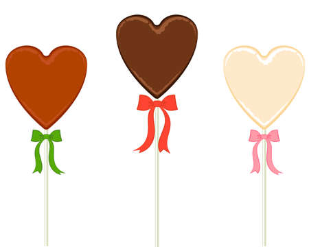 A set of sweets on a stick in the shape of a heart, decorated with a bow. Vector elements in flat style.のイラスト素材