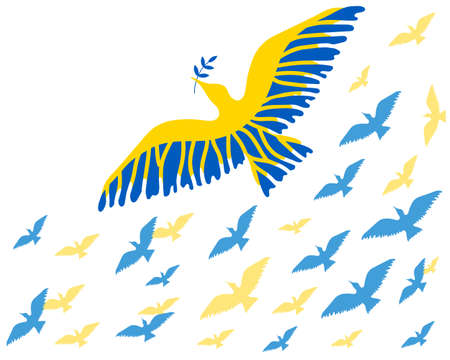 Vector birds of the world in the colors of the Ukrainian flag. Vector design element in flat style for poster, banner, web design.のイラスト素材
