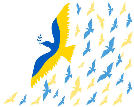 Vector birds of the world in the colors of the Ukrainian flag. Vector design element in flat style for poster, banner, web design.のイラスト素材