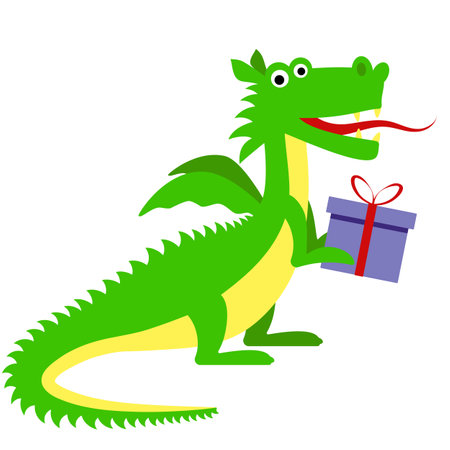 Vector dragon holding a gift in cartoon, flat style. Children's illustrations. Vector element for children's themed parties, cards, congratulations.のイラスト素材