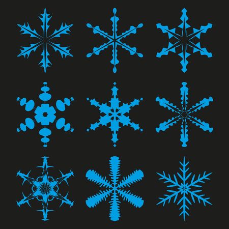 Winter stars and snowflakes for creation of New Year's artistic compositions, postcards, posters, backdrops. Set of 9 items.のイラスト素材