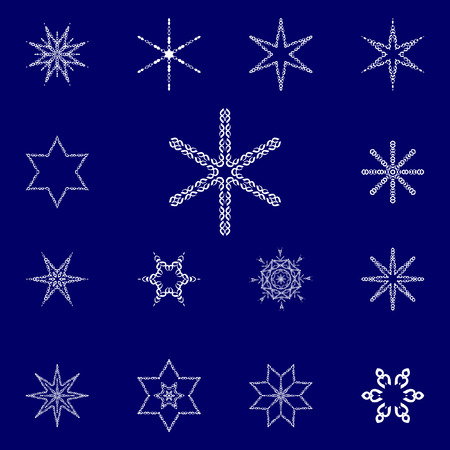 Vector snowflakes. Set of 15 vector blue snowflakes on a black background.のイラスト素材