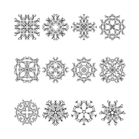 A set of circle lace patterns in white and black. The circular pattern. Snowflakes, stars, mandala. A set of 12 elements. Vector.のイラスト素材
