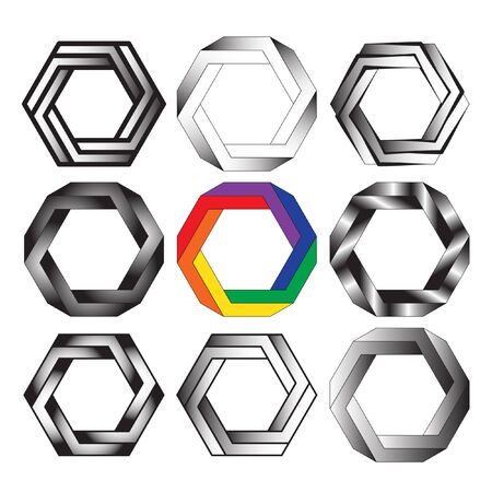Optical illusion of the gradient vector, abstract geometric design element. Printoptical illusion symbols, Impossible sign. A set of 9 itemsのイラスト素材