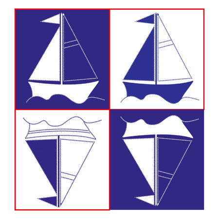 White-Blue toy sailboat. Stylized ship, three colors - blue, white, red, vector illustrationのイラスト素材