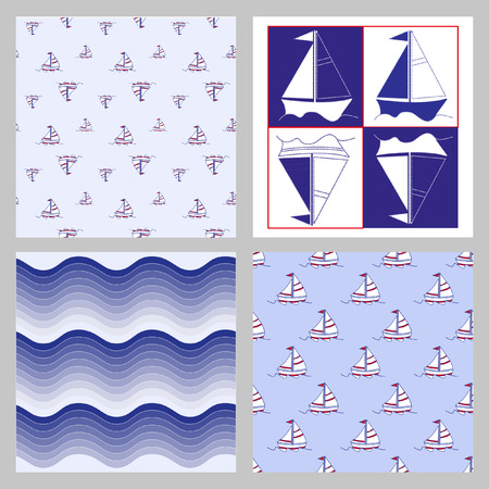 Seamless baby vector pattern set. Many small colored sail boats on white backgroundのイラスト素材
