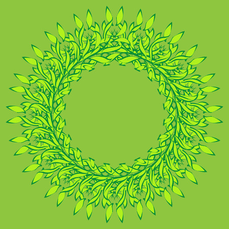 Green leaves fresh spring wreath background. Wreath of spring green leaves on green backgroundのイラスト素材