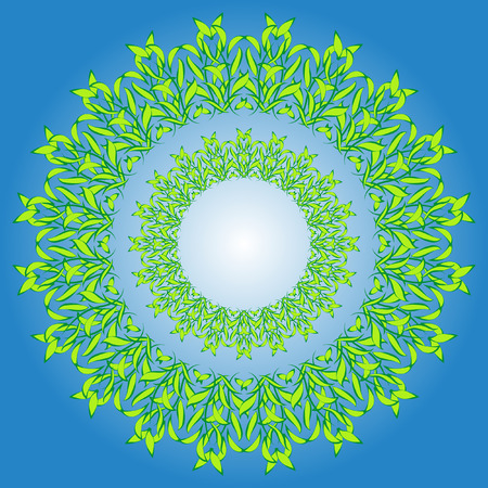 Green leaves fresh spring wreath background. Wreath of spring green leaves on sky-blue backgroundのイラスト素材