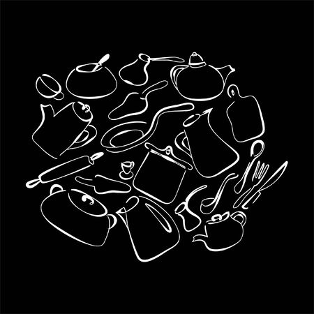Kitchen art design vector illustration. Black and white pattern. Cookware: kettle, coffee pot, frying pan, cup, spoon, sugar bowl, fork, ladle. Separate objects. Hand drawn doodle design elements.のイラスト素材