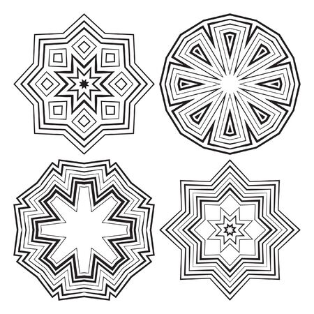 Decorative items to decorate your work. Vector design elements. Vector graphic black-white elements for design. Geometric fashion pattern. Vector mandala. Set of four circular patternsのイラスト素材