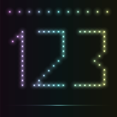 Arabic numerals 1, 2, 3. Luminous figures on a dark background. The color depends on the background color. Vector font of digits, light effect.のイラスト素材