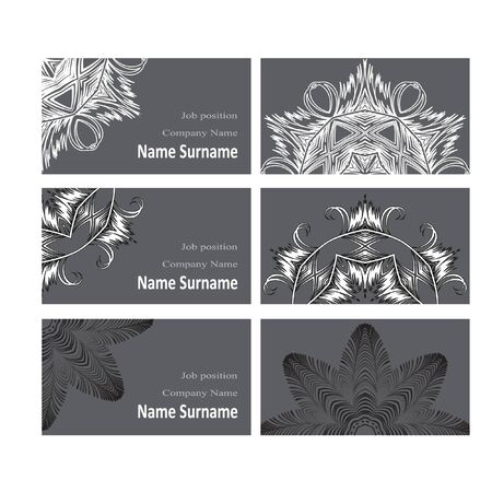 Set of designs of business cards. 6 cards in ethnic style. Image of the circular pattern, stylized mandala.のイラスト素材