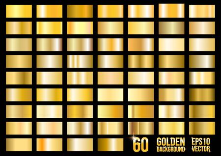 Vector set of 60 gold gradients. Square textured bright metal shiny. Abstract golden designのイラスト素材