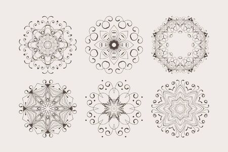 Vector circular pattern of hand drawn elements. Round ornamental pattern. Monochrome mandala in shades of brown Small light and dark squares. Vector element for your designのイラスト素材