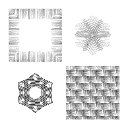 Vector set in grunge style. Indian knitted pattern. Hipsters, boho, rustic rug. Frames, round patterns, seamless backgroundのイラスト素材