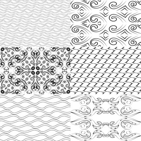 A Seamless abstract vector patterns set. Collection of 6 drawings from calligraphic lines and wavesのイラスト素材