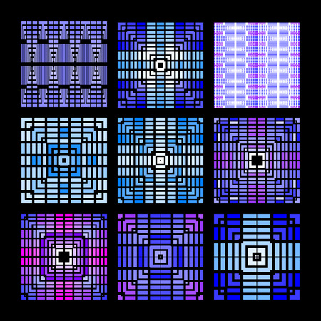 Set of 9 seamless patterns in blue. Geometrical drawing of lines and squaresのイラスト素材